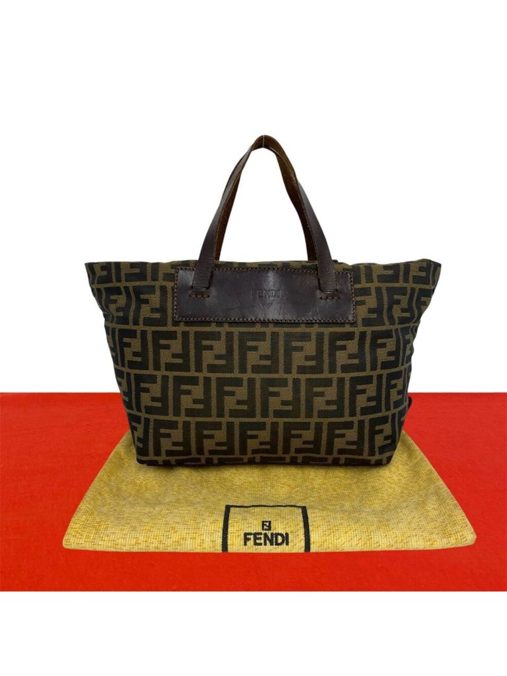 Fendi Vintage Zucca FF Pattern Nylon Leather Handbag Mini Tote Khaki Brown